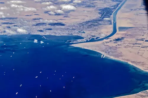 Stranded ships waiting in queue in the Gulf of Suez to cross the Suez Canal at its southern entrance near the Red Sea port city of Suez