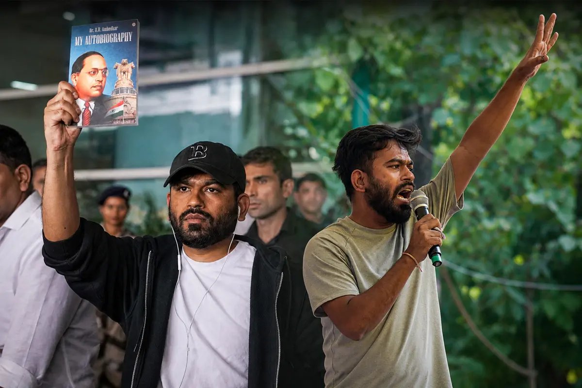 ജൂൺ ആറിന് ഇന്ദിരാഗാന്ധി അന്താരാഷ്ട്ര വിമാനത്താവളത്തിലെത്തിയ അഭിജീത് ദിപ്കെ ഡോ. ബി.ആർ. അംബേദ്കറുടെ ആത്മകഥ ഉയർത്തിക്കാട്ടുന്നു, ജന്തർ മന്തറിൽ നടക്കുന്ന പ്രതിഷേധ ധർണ്ണയിൽ സംസാരിക്കുന്ന സി.ജെ.പി സ്ഥാപകൻ അഭിജീത് ദിപ്കെ| Photo: PTI