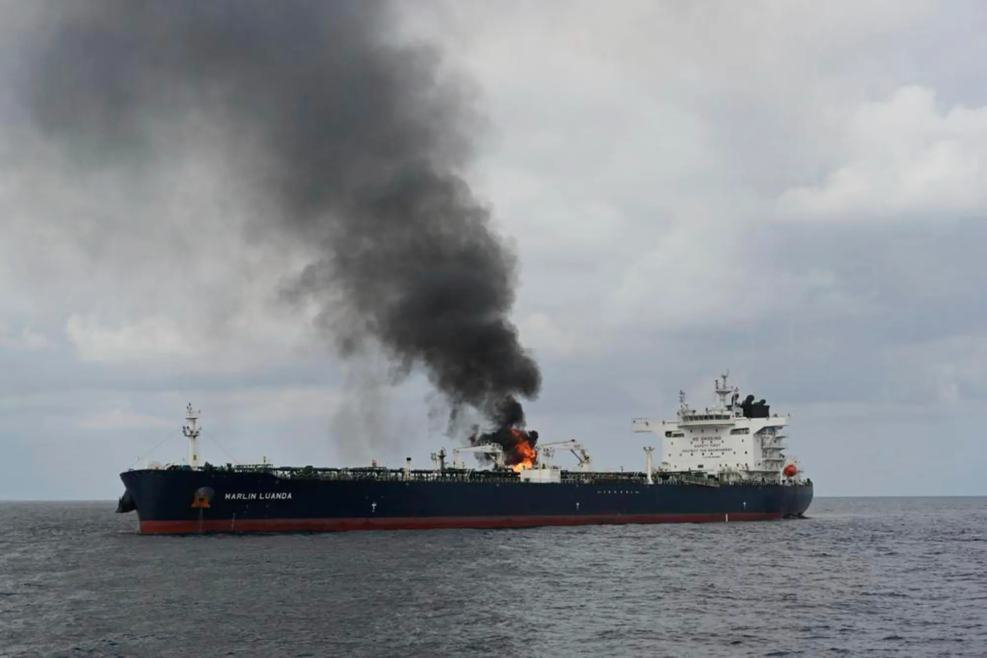 A oil tanker on fire after an attack, in the Red sea.| File image: AP