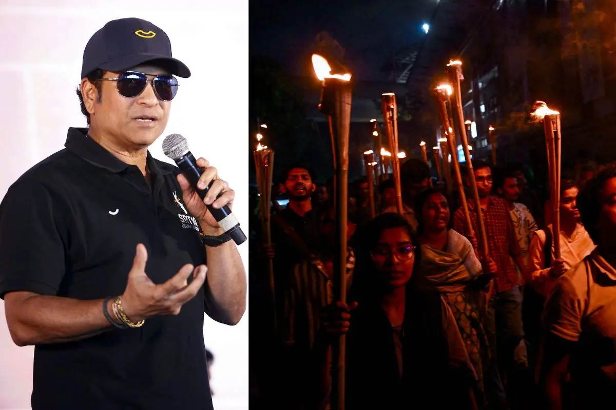 Sachin Tendulkar, Democratic Students' Alliance members carrying flaming torches march during a rally at Dhaka University in Dhaka on July 23, 2026 in solidarity with the ongoing protests by the social media-driven Cockroach Janta Party (CJP) movement in India (Photo: PTI, AFP)