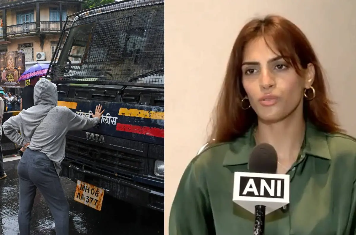 നീറ്റ് പരീക്ഷാവിവാദത്തിൽ കേന്ദ്ര വിദ്യാഭ്യാസ മന്ത്രി ധർമേന്ദ്ര പ്രധാന്റെ രാജി ആവശ്യപ്പെട്ട് മുംബൈ ദാദറിലെ ശിവാജി പാർക്കിൽ പ്രതിഷേധിച്ച വിദ്യാർഥികളെ കസ്റ്റഡിയിലെടുത്ത് വാനിൽ കയറ്റിക്കൊണ്ടുപോകുന്പോൾ മുന്നിൽനിന്ന് ഒറ്റയ്ക്ക് തടയുന്ന റിയ അഹിർ