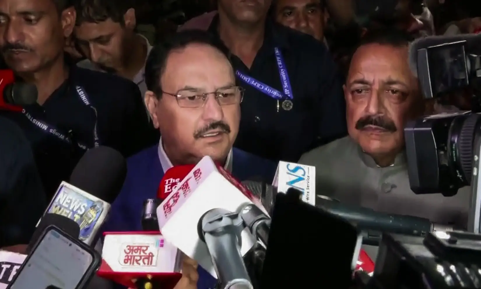 Union Ministers JP Nadda and Jitendra Singh speak to media after CJP & central government meeting
