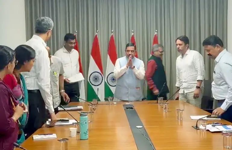 Union Minister Pralhad Joshi takes additional charge of the Ministry of Education, in New Delhi on Sunday.| Photo: ANI