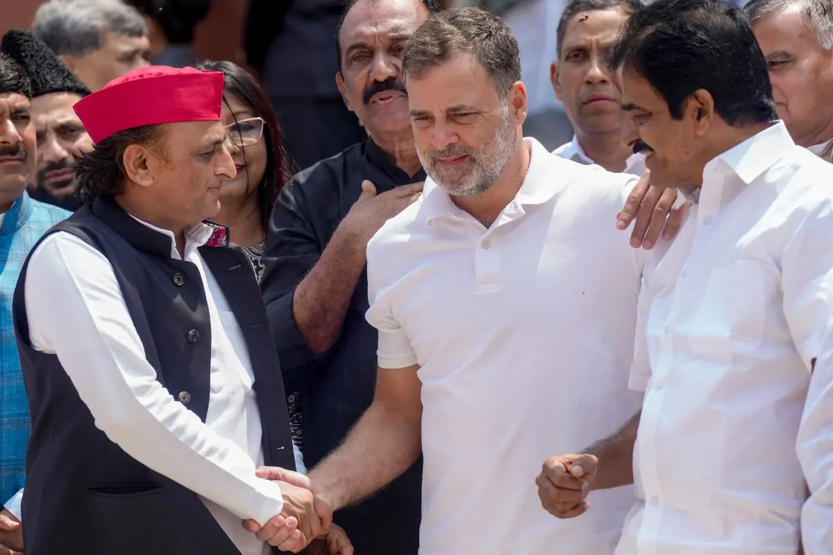 LoP in the Lok Sabha Rahul Gandhi, Congress MP KC Venugopal, and Samajwadi Party MP Akhilesh Yadav during the Monsoon session of Parliament, in New Delhi, Monday, July 27, 2026. (PTI Photo/Shahbaz Khan)