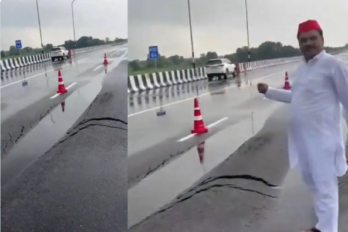 റോഡിൽ വിള്ളലുകൾ പ്രത്യക്ഷപ്പെട്ട് താഴ്ന്ന നിലയിൽ | Photo: 'X' Naira Seth
