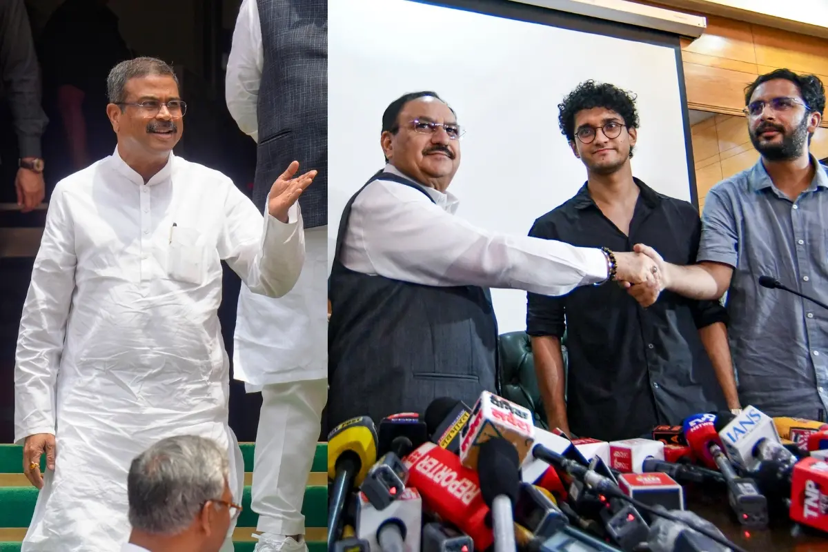 Former Union Education Minister Dharmendra Pradhan during the Monsoon session of Parliament, in New Delhi, and Union Minister JP Nadda with MoS Jitendra Singh and CJP Spokespersons Saurav Das and Ashutosh Ranka, during a joint press conference after Education Minister Dharmendra Pradhan resigned from the Union Cabinet, at the Constitution Club of India, in New Delhi on 25 July 2026.| Photo: PTI