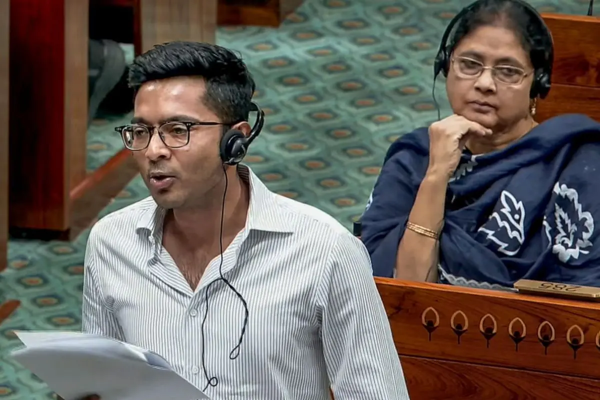 MC MP Abhishek Banerjee speaks in the Lok Sabha during the Monsoon session of Parliament, in New Delhi, Tuesday, July 28, 2026. (Sansad TV via PTI Photo)