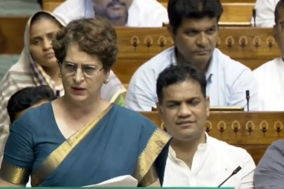 Congress MP Priyanka Gandhi Vadra speaks during the debate on the Public Examinations (Prevention of Unfair Means) Amendment Bill, 2026, in the Lok Sabha during the Monsoon Session of Parliament in New Delhi on Tuesday.
