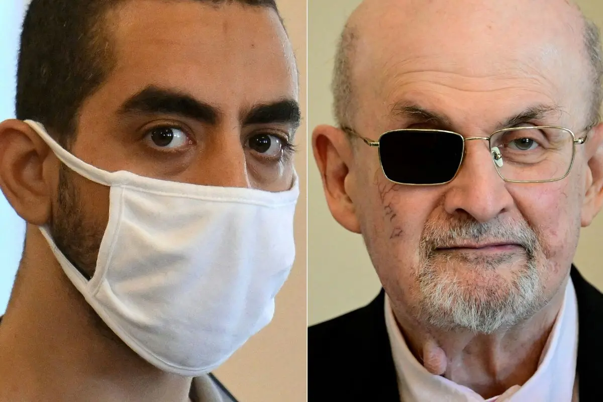 Hadi Matar (L), convicted in the Salman Rushdie stabbing case, pictured alongside the acclaimed author. (Photo by ANGELA WEISS and Tobias SCHWARZ / AFP)