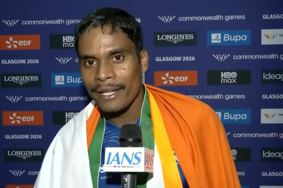 Gold medallist Dilip Mahadu Gavit speaks after scripting history with a Games record in the men's 100m T47, leading India's historic gold-silver finish alongside Mohammed Basil Morssinganakth at the Commonwealth Games 2026 in Glasgow. (IANS Screengrab)