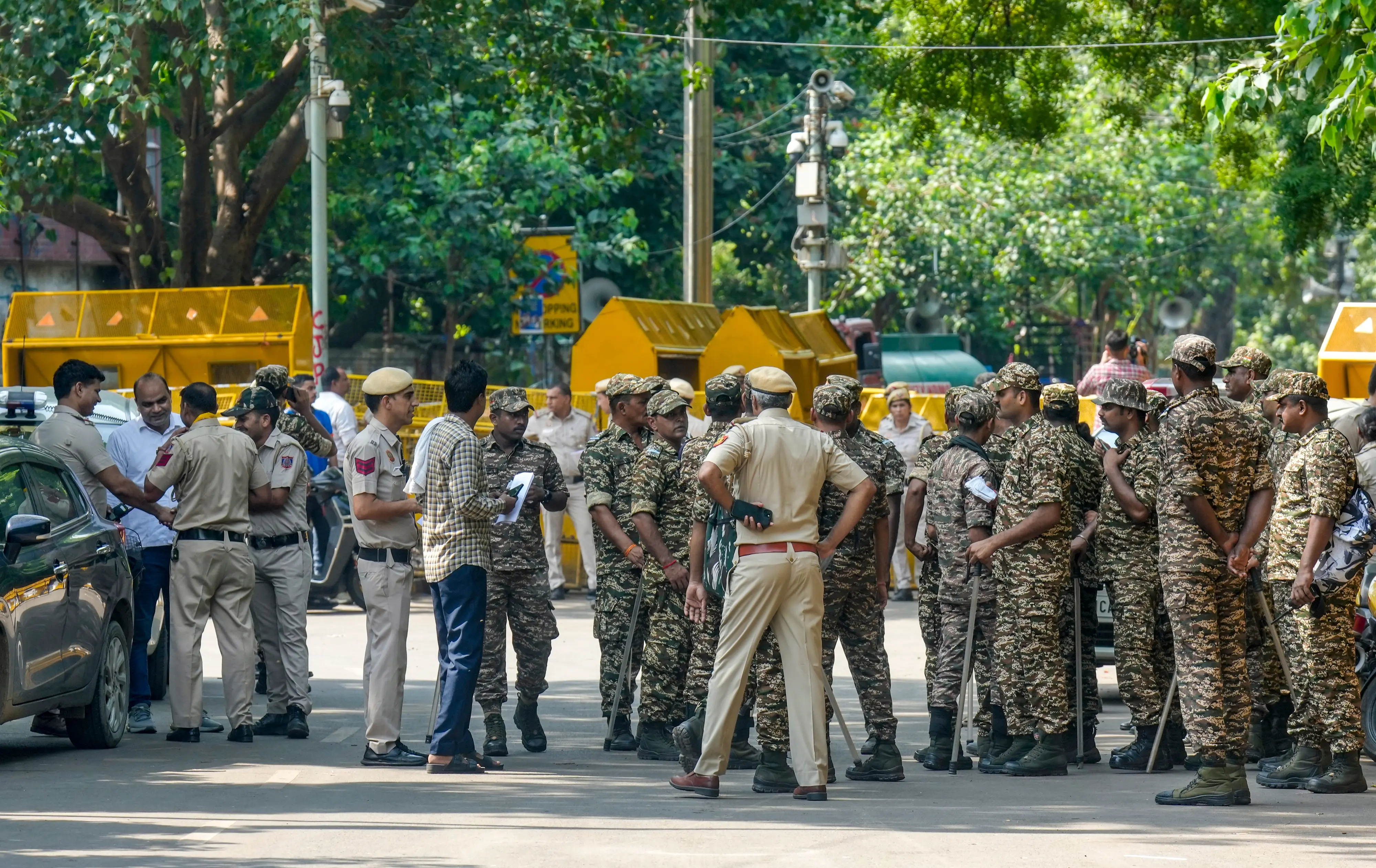 Security personnel keep a vigil near the protest site of Jantar Mantar, in New Delhi.| Photo: PTI