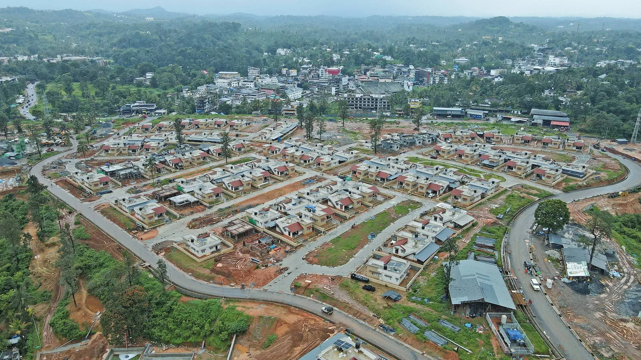 Aerial view of the rehabilitation township under construction in Kalpetta for Mundakkai-Chooralmala landslide survivors. | Photo: Sameesh Machingal