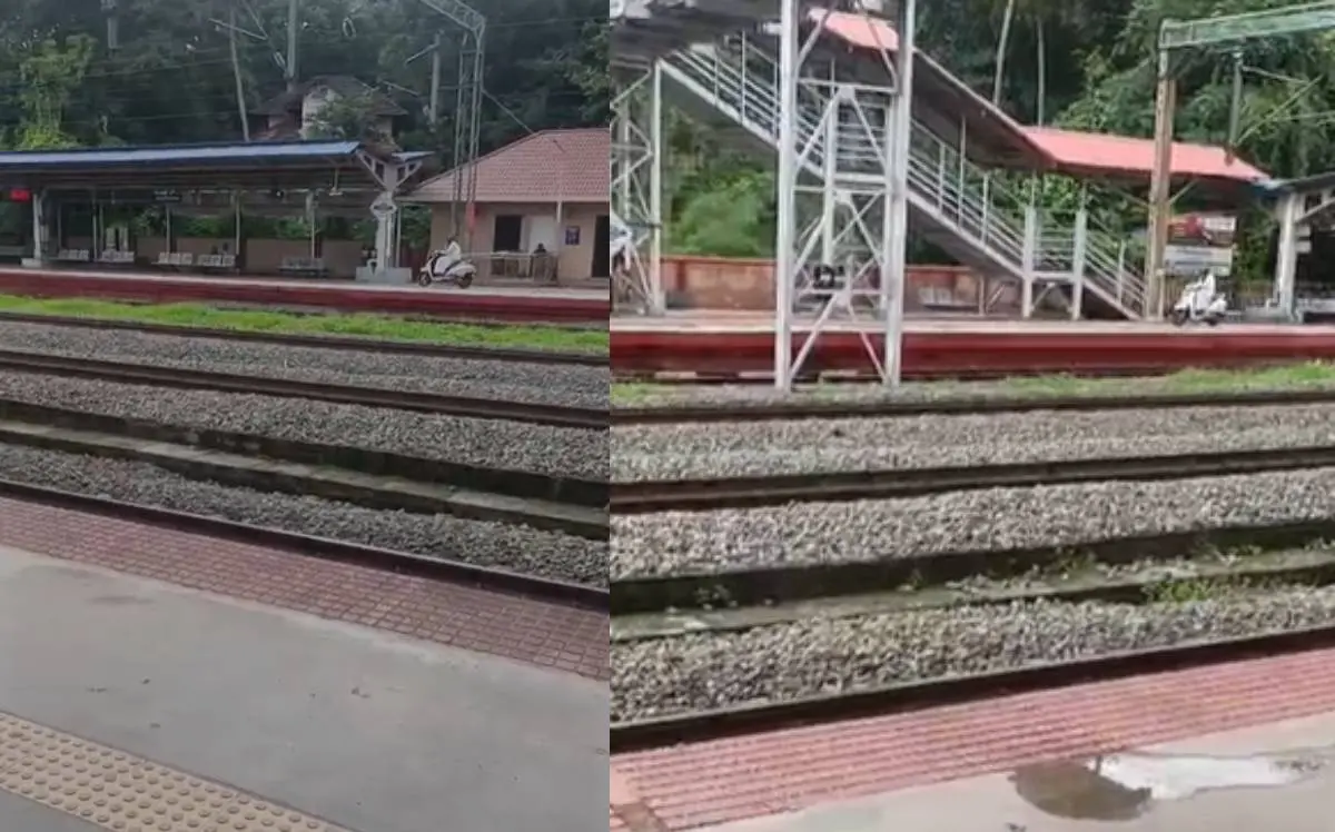 റെയില്വേ പ്ലാറ്റ്ഫോമിലൂടെ സ്കൂട്ടറോടിച്ച് പോകുന്നതിന്റെ ദൃശ്യത്തില്നിന്ന്
