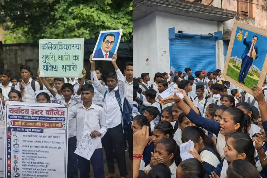 Students of Sarvodayam Inter College protesting with national flags and BR Ambedkar portraits in Fatehpur, UP
