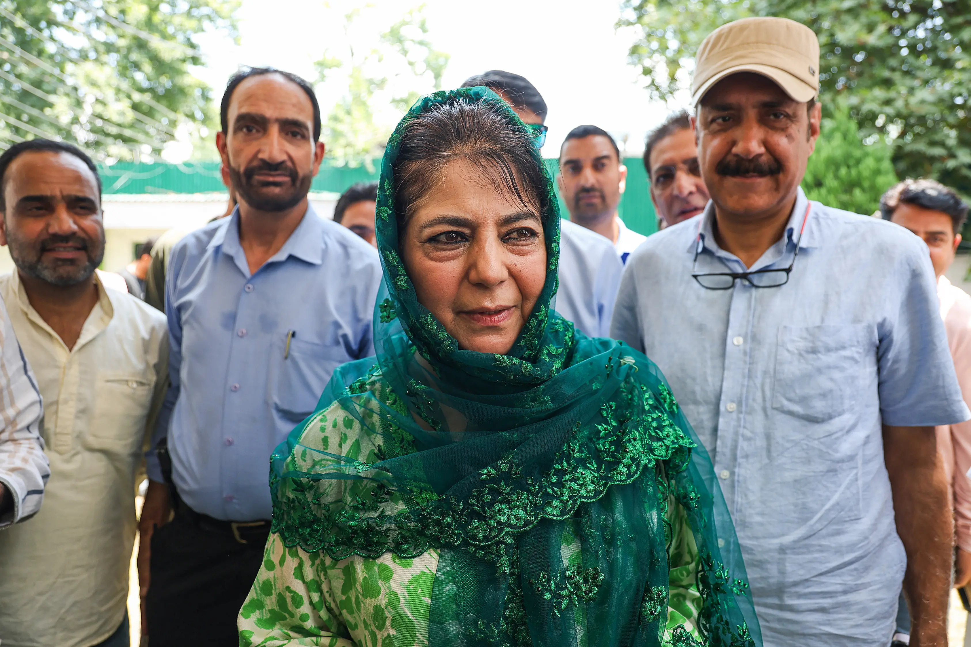 PDP Chief Mehbooba Mufti arrives to address a press conference in Srinagar (ANI Photo)