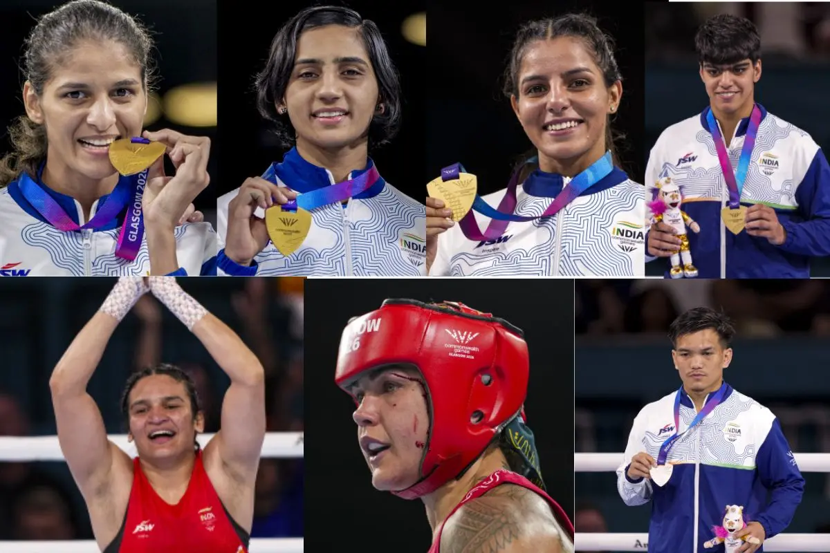 Jaismine Lamboria, Preeti Pawar, Sakshi Chaudhary, Priya Ghanghas (L to R)
Arundhati Choudhary, Lovlina Borgohain and Jadumani Singh (L to R)