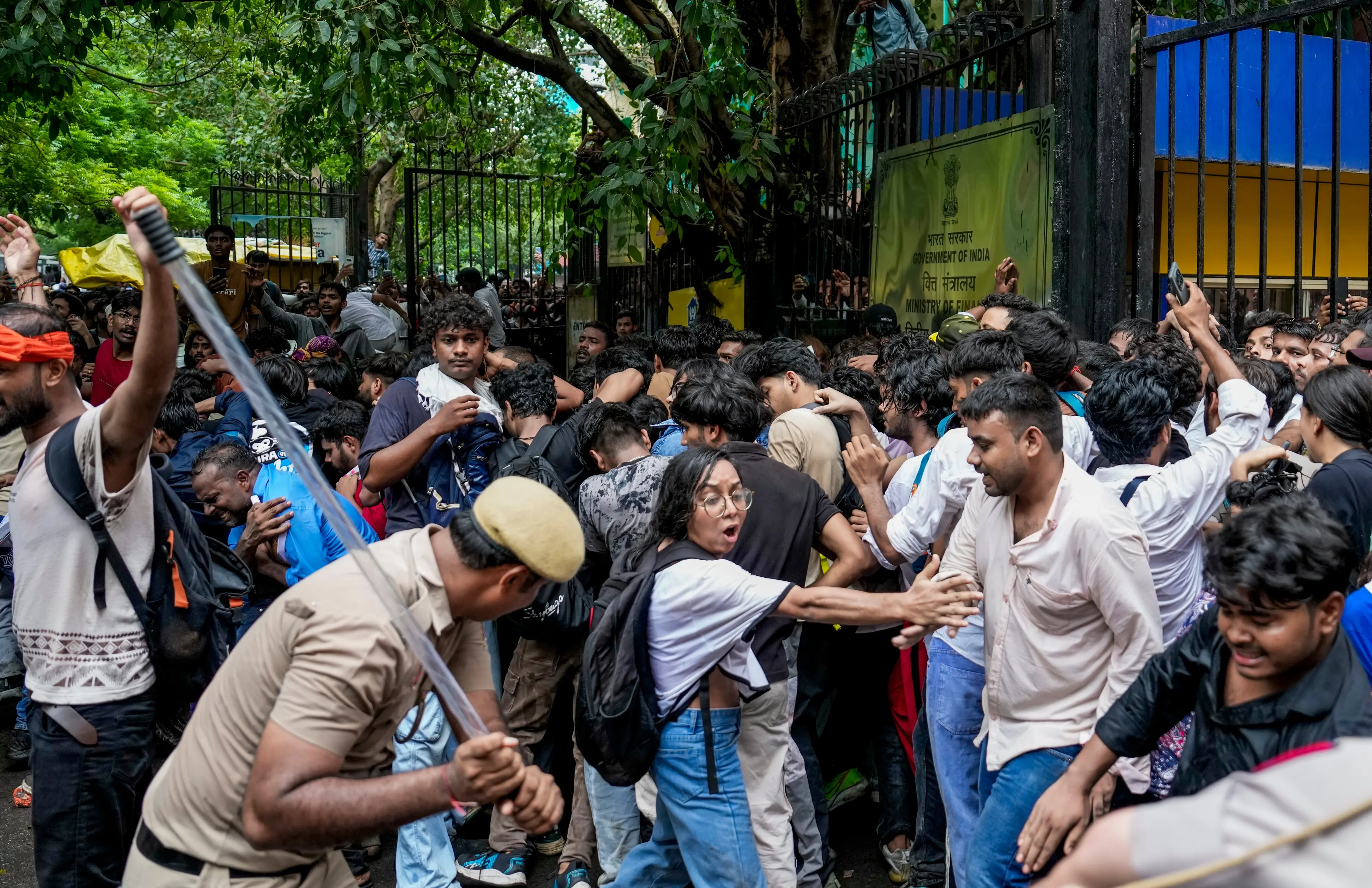Police personnel stop CJP supporters as they raise slogans during a protest march | PTI