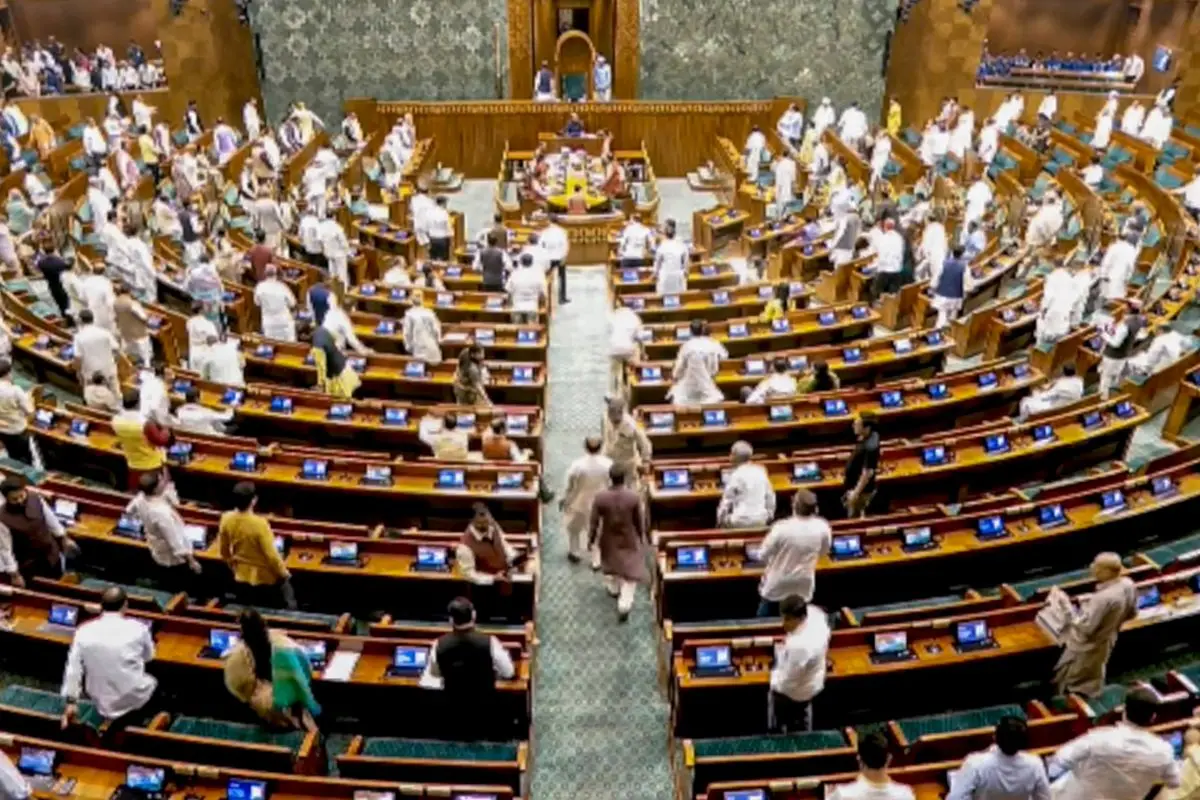Members leave after the Lok Sabha was adjourned sine die, during the Special session of Parliament, in New Delhi, Saturday, April 18, 2026. (Sansad TV via PTI Photo)