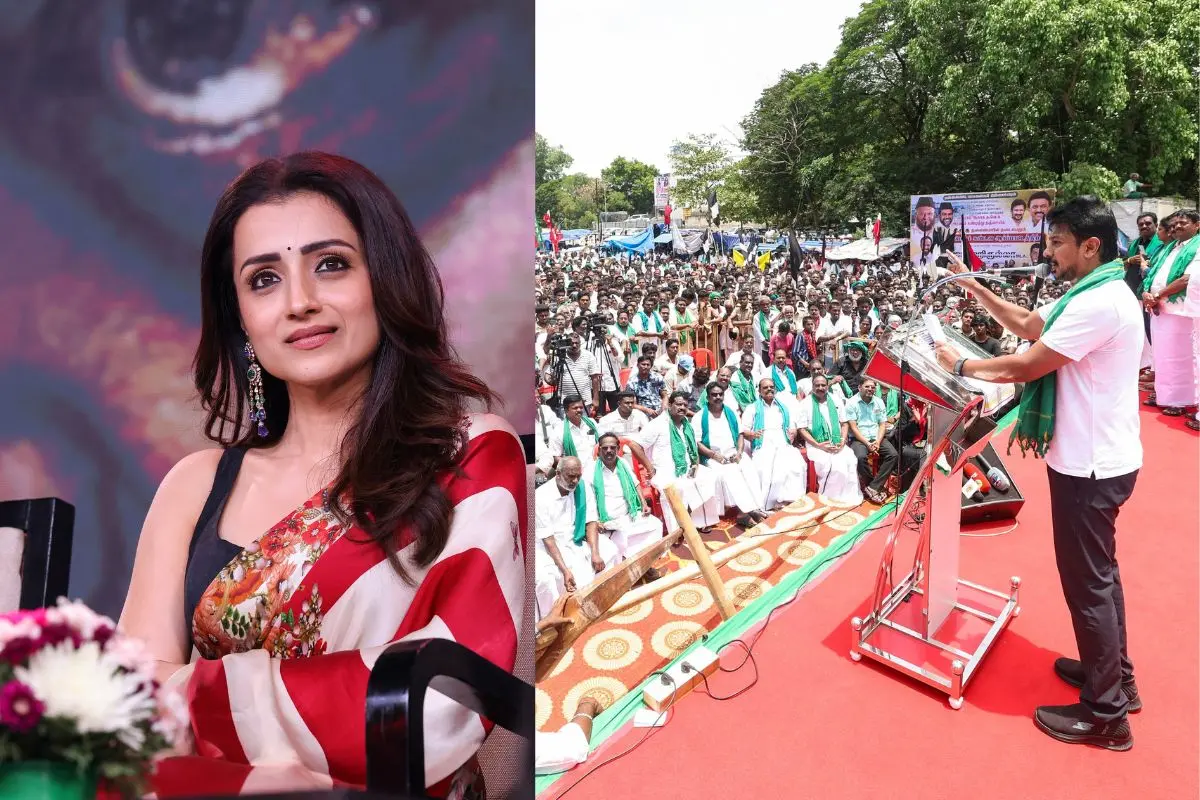 Trisha Krishnan, Udhayanidhi Stalin at Thanjavur speaking about the Cauvery dispute (Photo: PTI, ANI)