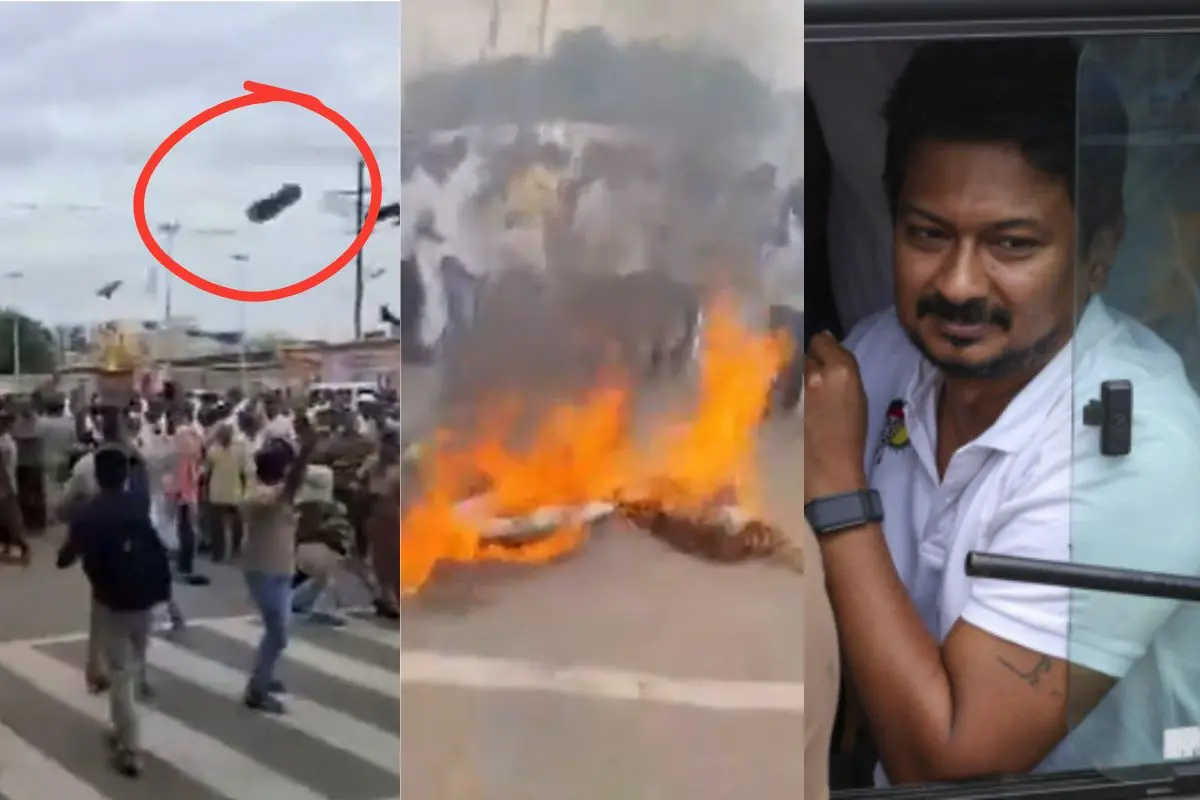 DMK workers throw slippers at police, burn an effigy in protest against police detention of LoP Udhayanidhi Stalin