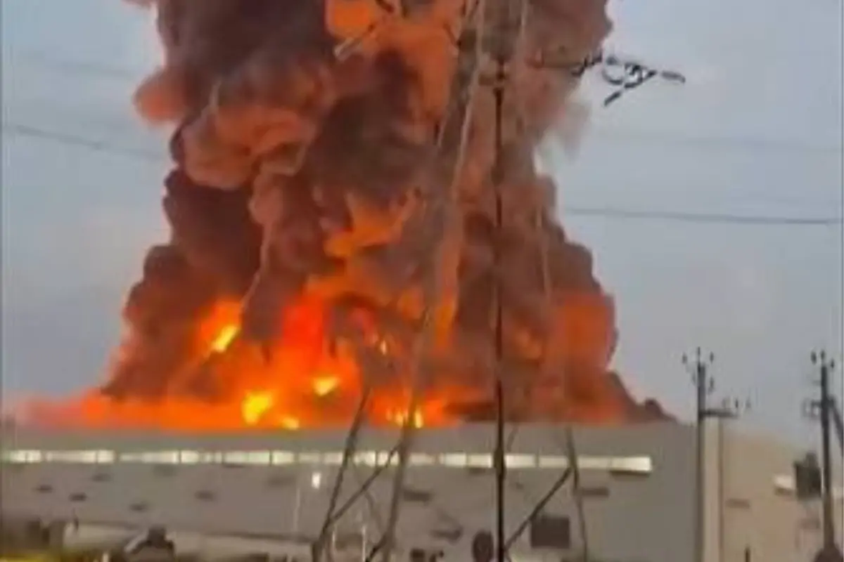 Smoke rises from a Wildberries warehouse on fire after an attack in Nevinnomyssk, Russia.| Photo: PTI