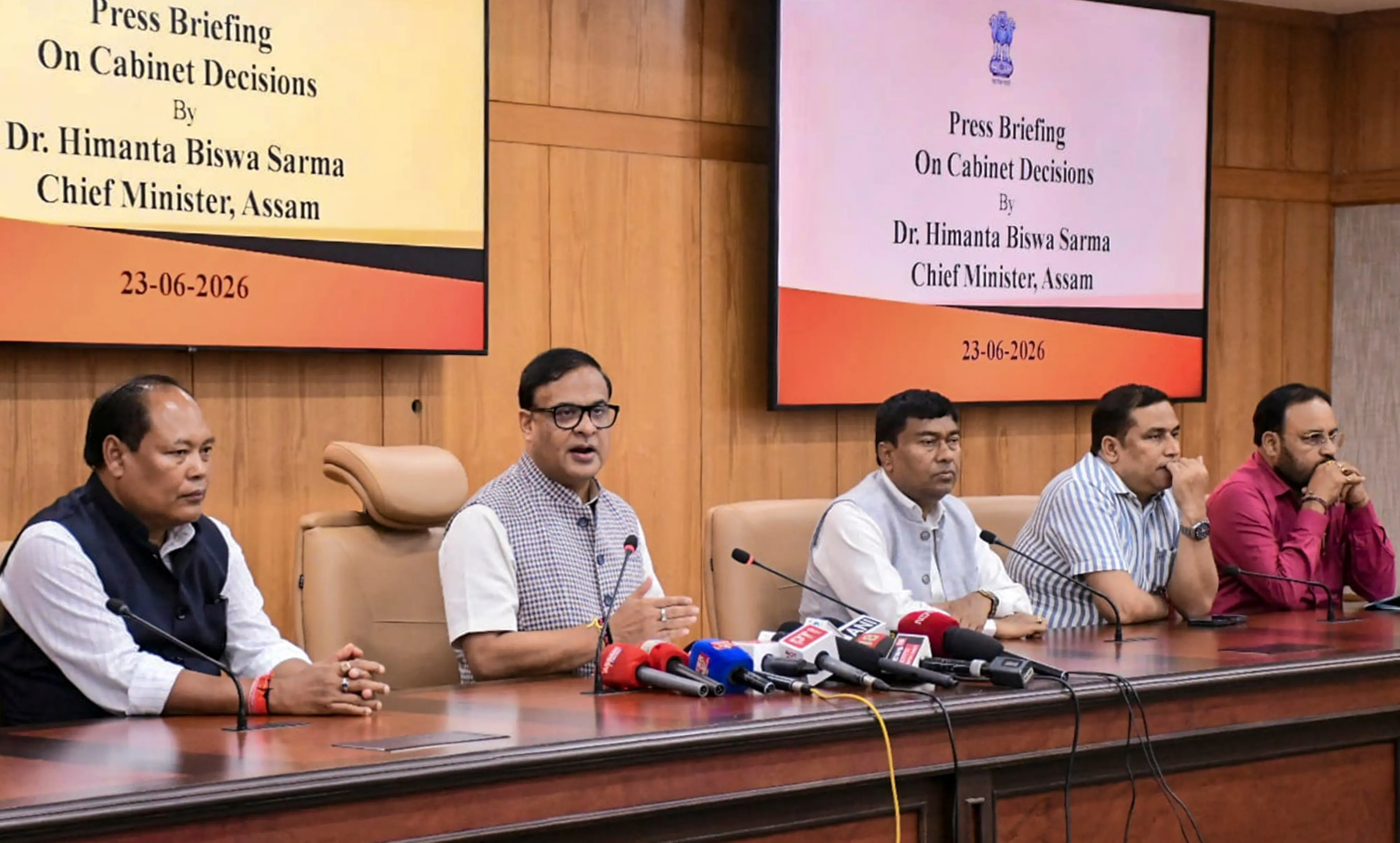 Assam Chief Minister Himanta Biswa Sarma and others during a press briefing on Cabinet Decisions, in Guwahati, Assam.| Photo: PTI