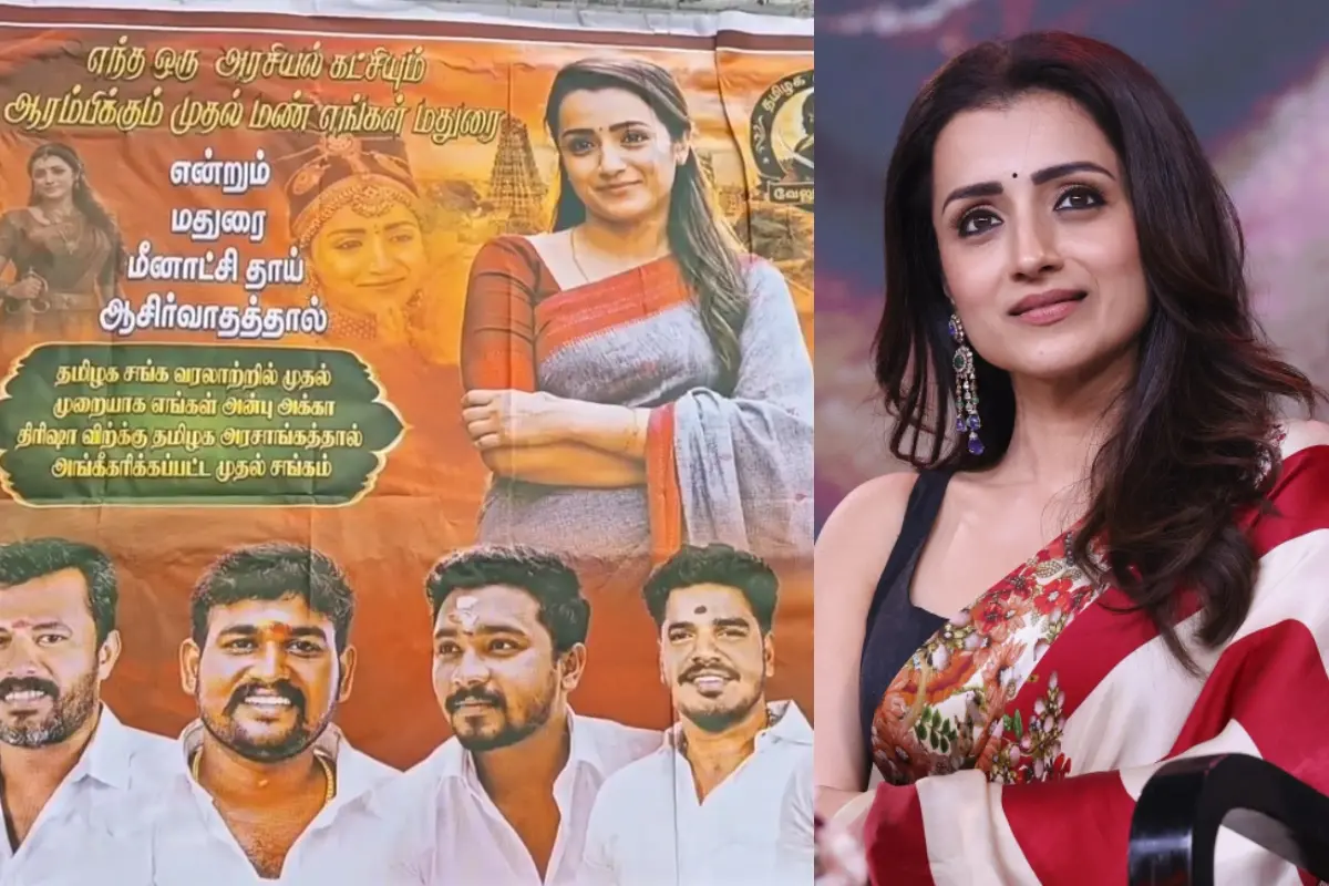 Poster that appeared in Madurai calling for Trisha's political entry; Trisha | Photo: Screen grab/ X: swamy_chaganti; PTI