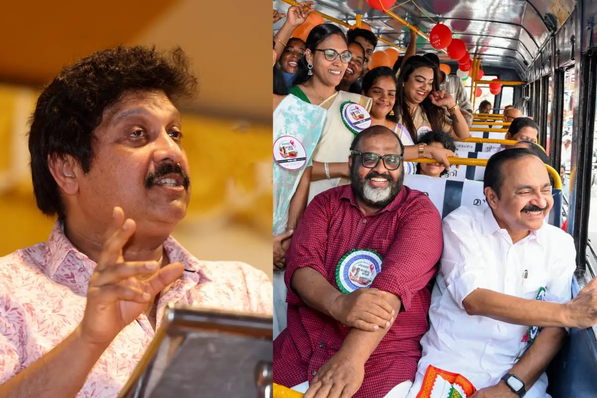 കെ.ബി. ഗണേഷ്കുമാർ, മുഖ്യമന്ത്രി വി.ഡി. സതീശനും ഗതാഗത മന്ത്രി സി.പി. ജോണും പ്രിയദർശിനി വനിതാ സൗജന്യ യാത്രാ പദ്ധതി ഉദ്ഘാടനത്തിനിടെ