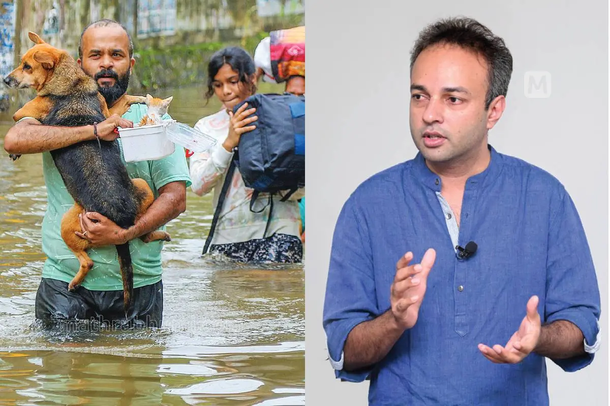 വീട്ടിൽ വെള്ളം കയറിയത്തോടെ പത്തനംതിട്ട ആറന്മുള പരമൂട്ടുംപടിയിലെ സംഗീത് തൻ്റെ വളർത്തുനായ സൂക്കിനെയും പൂച്ച ചിപ്പിയെയും തോളിലേറ്റി രക്ഷപ്പെടുത്തുന്നു|Photo: Aravind Lenin/Mathrubhumi, ഡോ. റോക്സി മാത്യു കോൾ