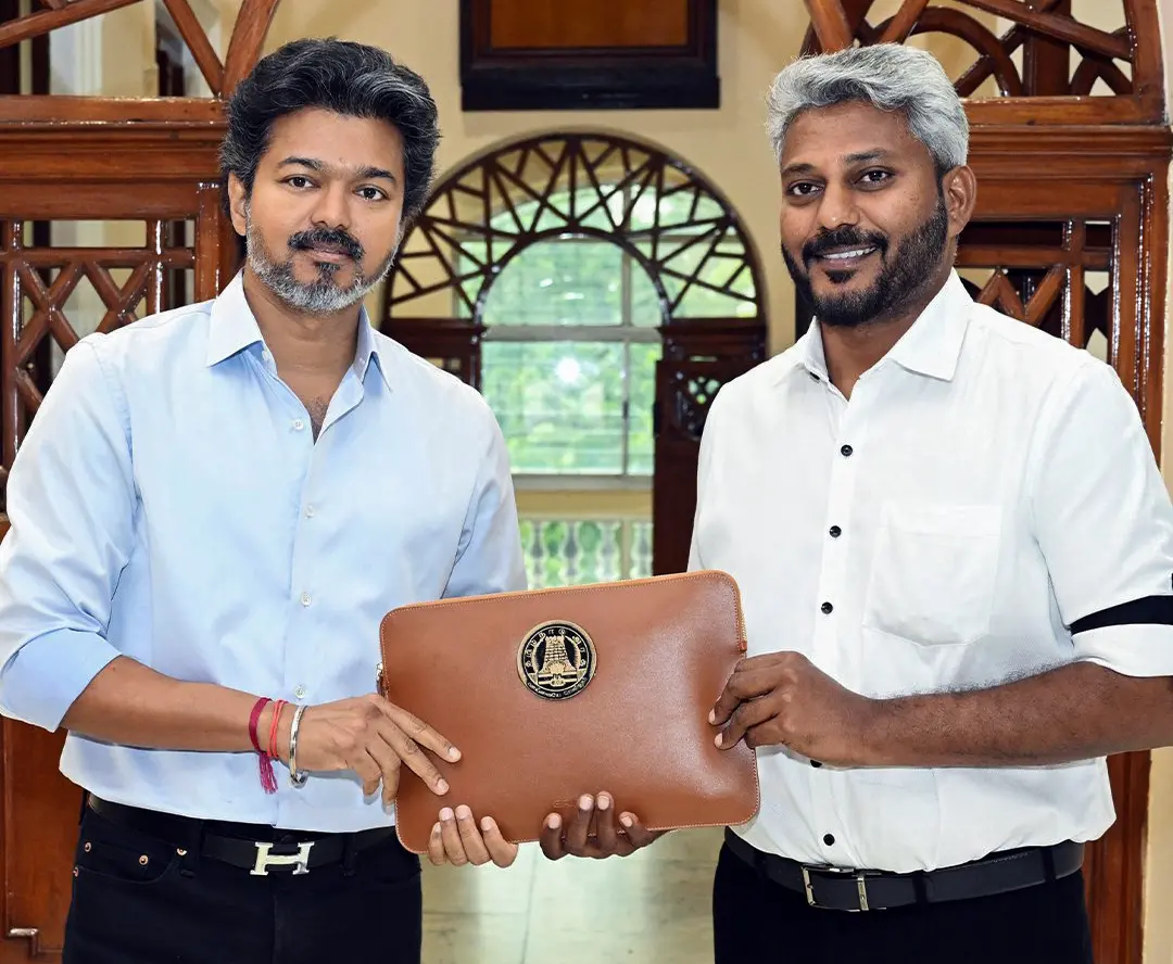 Tamil Nadu Chief Minister C. Joseph Vijay and state's Finance Minister N. Marie Wilson (R) pose for a photo ahead of the presentation of the maiden budget of the TVK-led coalition government in the Legislative Assembly, in Chennai on Wednesday.| Photo: X