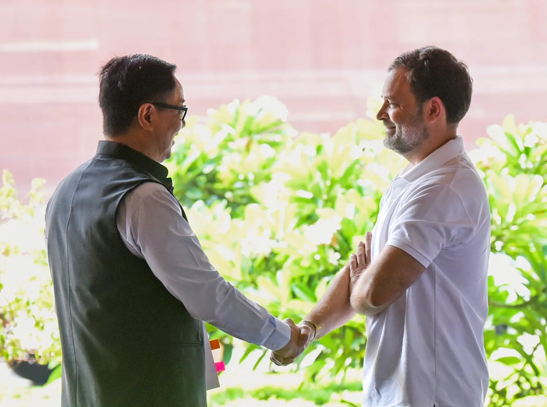 Union Minister Kiren Rijiju in a conversation with Lok Sabha LoP and Congress MP Rahul Gandhi as they arrive to attend all-party meeting regarding 'Operation Sindoor', at Parliament House Annexe in New Delhi.| Photo: PTI