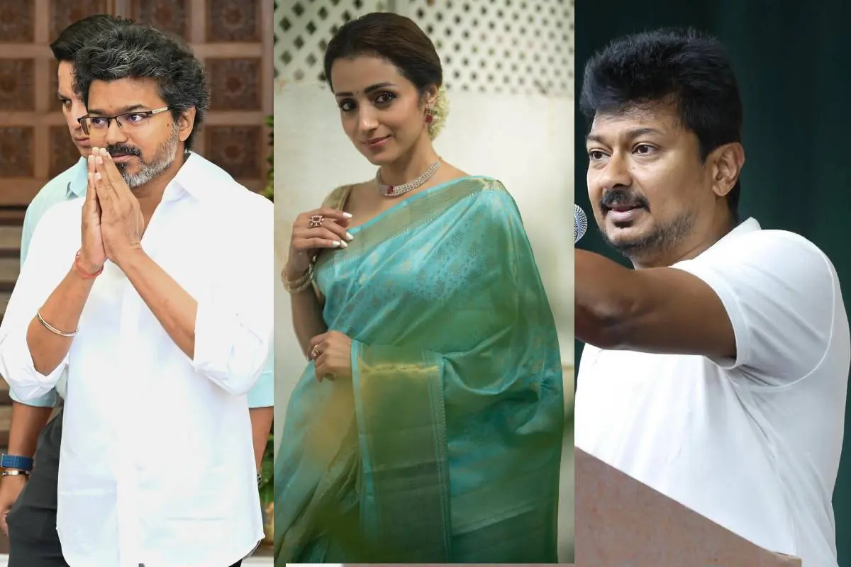 സി.ജോസഫ് വിജയ്, തൃഷ കൃഷ്ണൻ, ഉദയനിധി സ്റ്റാലിൻ | PTI, Instagram
