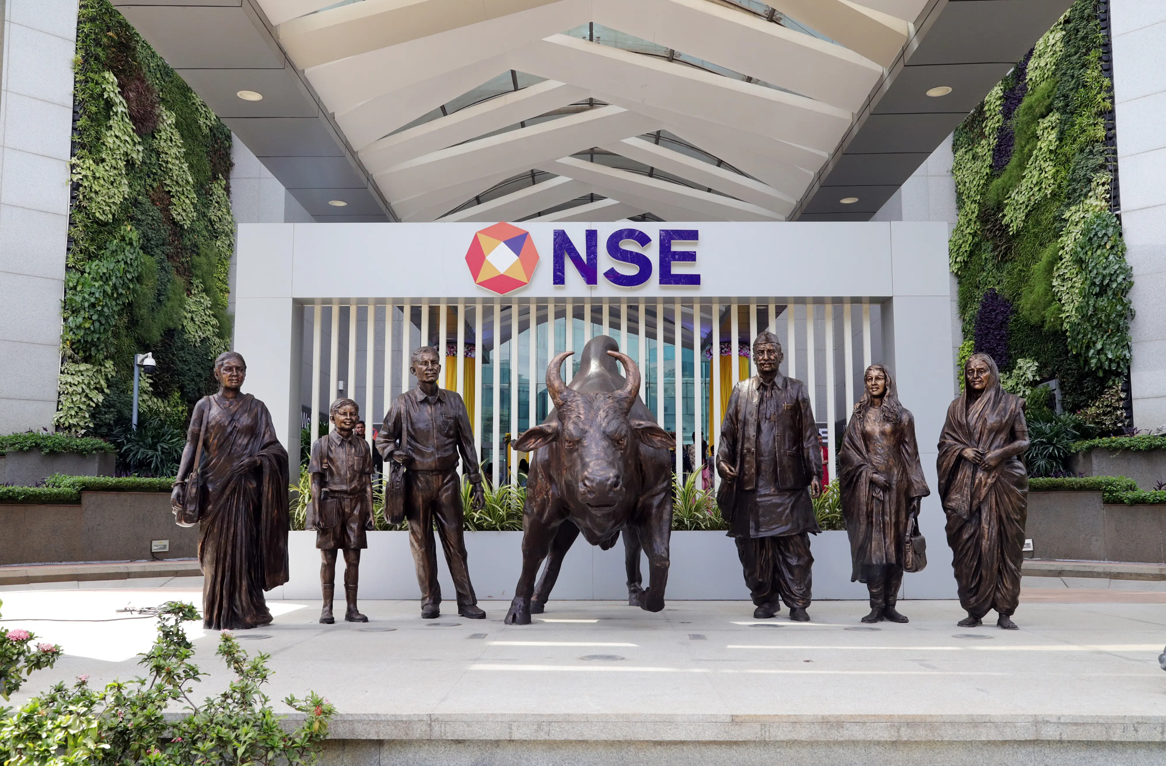 A view of the newly renovated atrium, the iconic NSE Bull, and the refreshed façade of the National Stock Exchange (NSE) Bull, at the National Stock Exchange headquarters, in Mumbai.| Photo: PTI
