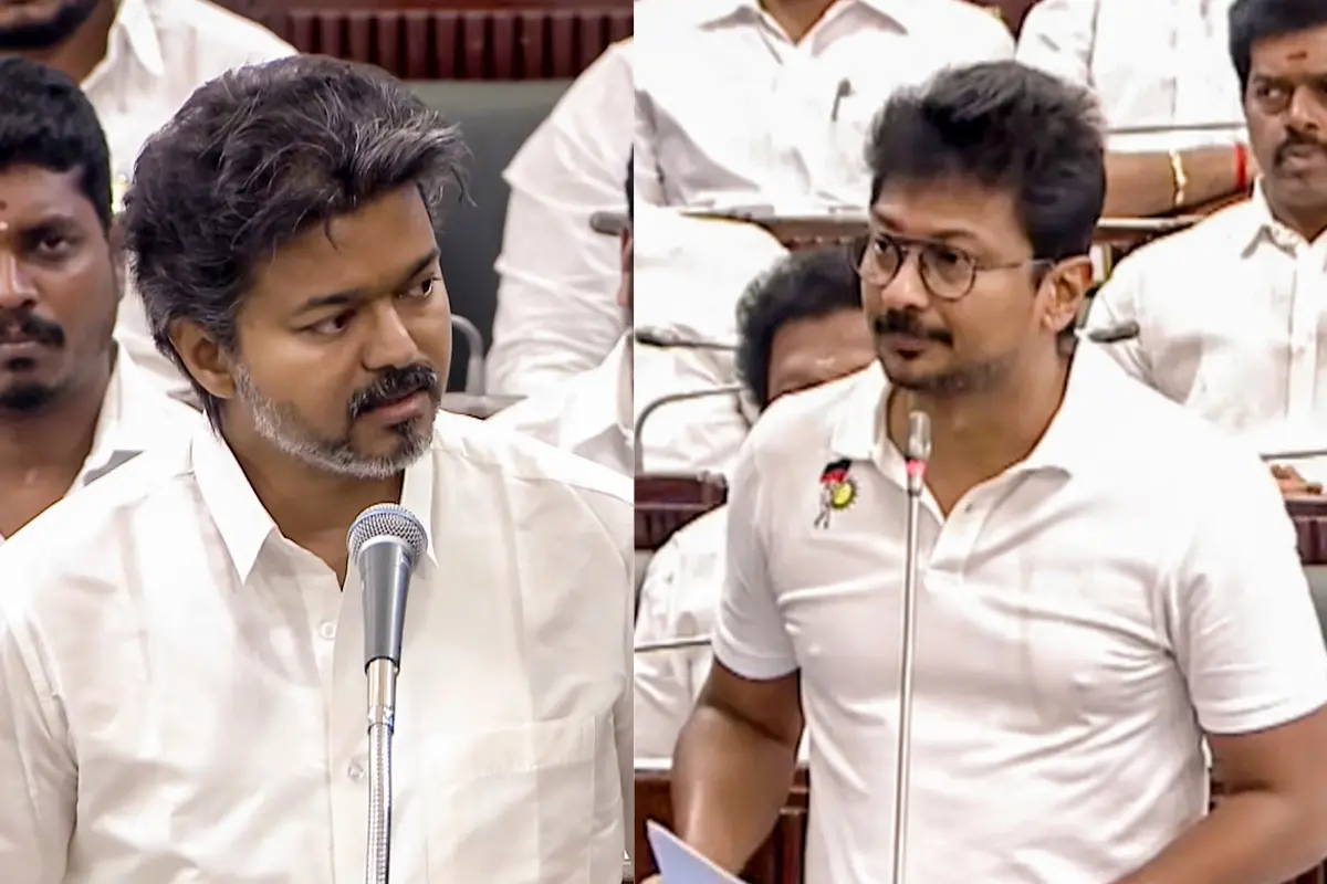 Tamil Nadu Chief Minister C Joseph Vijay and leader of opposition Udhayanidhi Stalin | Photo: PTI