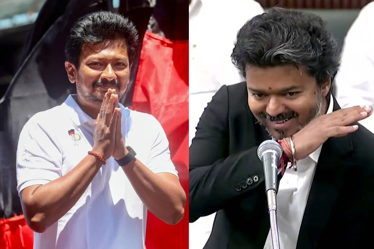 തമിഴ്നാട് പ്രതിപക്ഷ നേതാവ് ഉദയനിധി സ്റ്റാലിൻ, മുഖ്യമന്ത്രി സി. ജോസഫ് വിജയ് | Photo: PTI