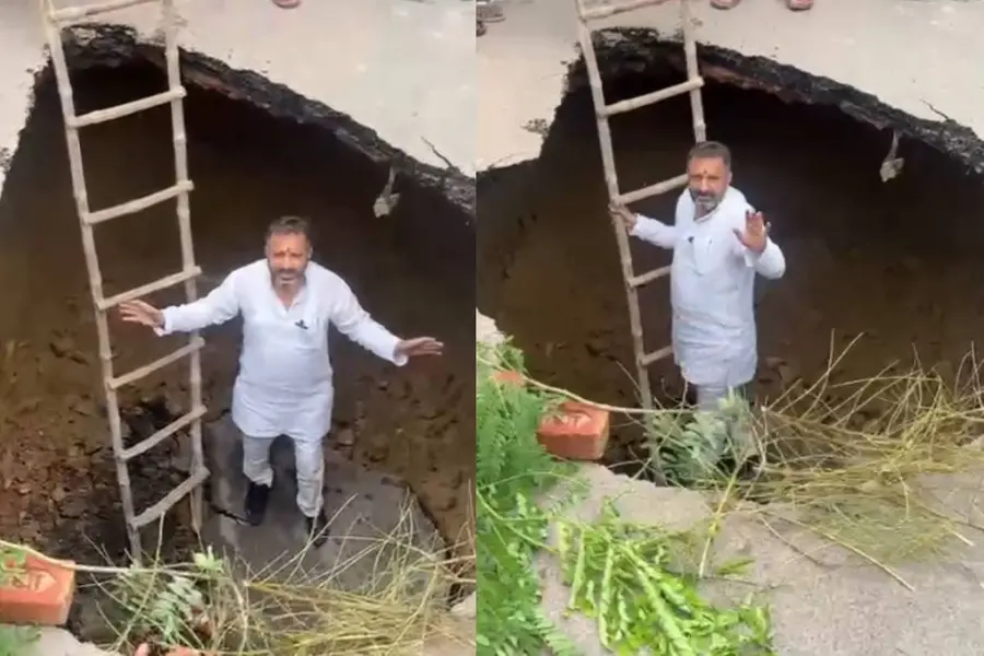 Agra Politician Stages Bizarre Protest Inside Massive Road Sinkhole