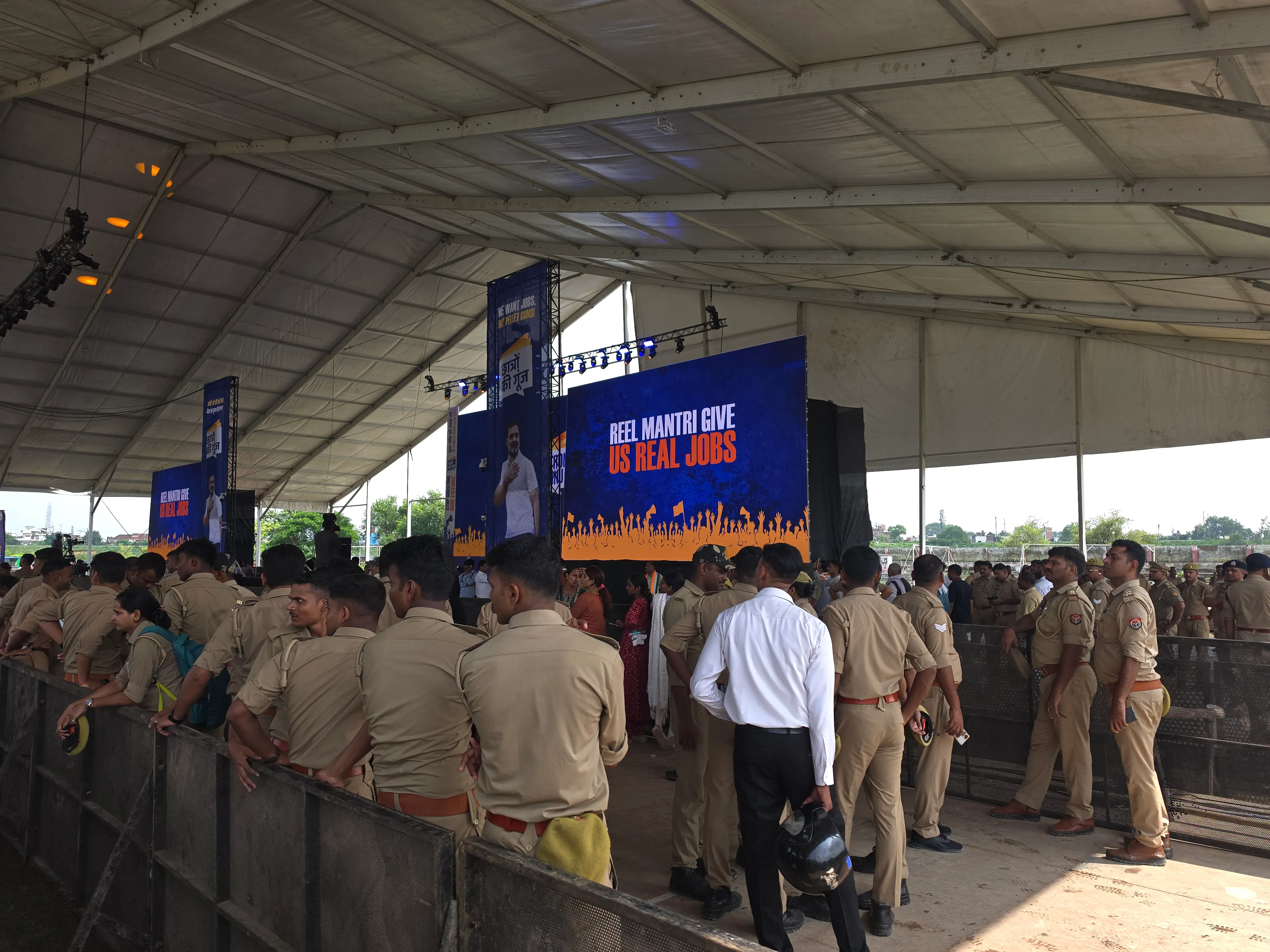 Police personnel deployed at the venue of the event attended by Rahul Gandhi at Prayagraj KP College Ground | Photo: Vishnuprasad