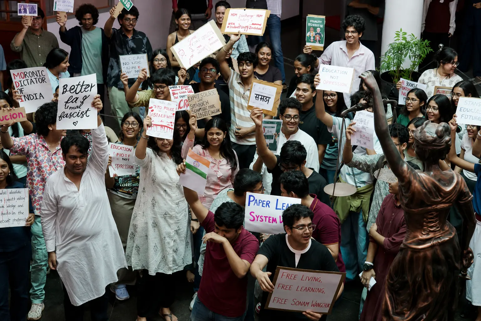 Students stage a protest at NALSAR University of Law in Hyderabad amid concerns over the proposed convocation chief guest.