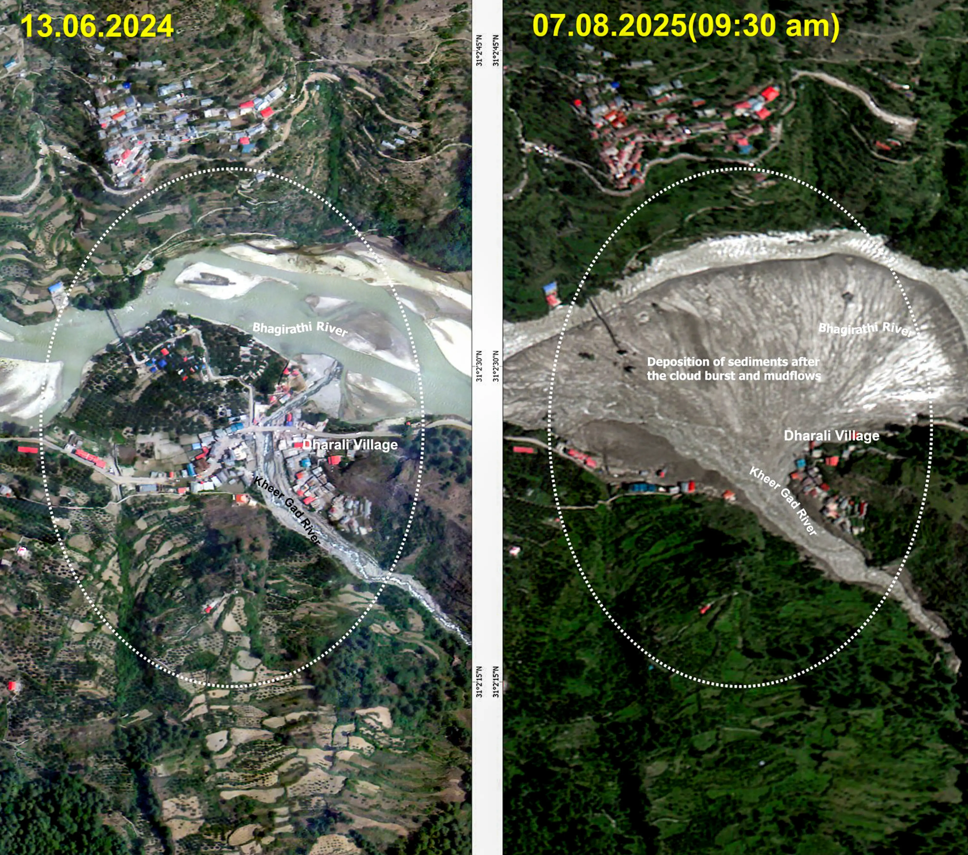 Satellite image released by @isro via X on Aug. 7, 2025, Dharali village and surroundings before, left, and after the clouburst-triggered flash floods, in Uttarkashi.
