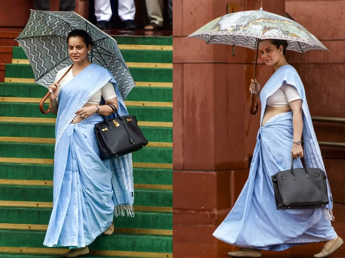 സോഫ്റ്റ് ബ്ലൂ സാരിയില് പാര്ലമെന്റില് എത്തിയ കങ്കണ | Photo: ANI
