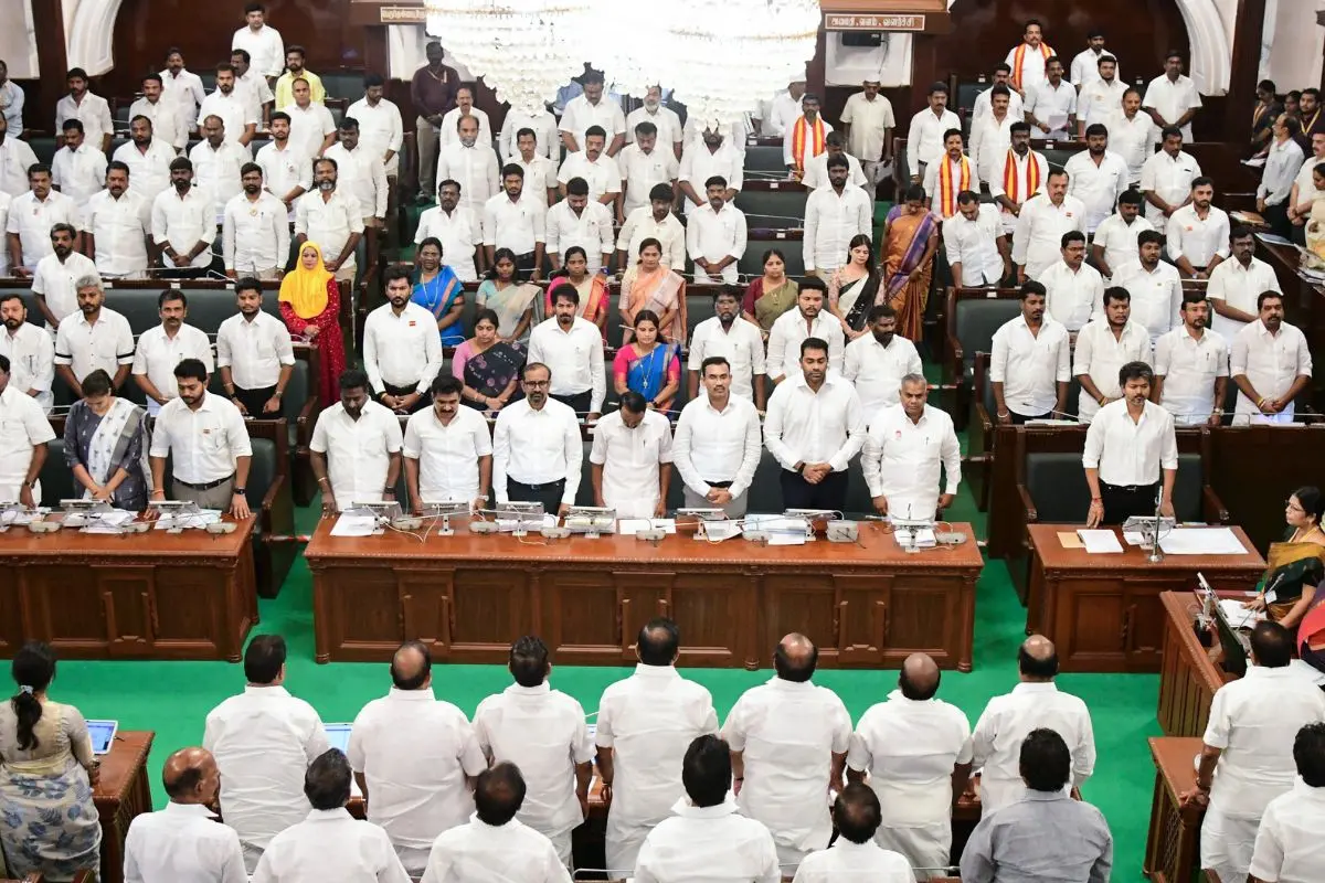 Tamil Nadu Legislative Assembly members pay condolence for the passing of former Legislative Assembly Member Thiru. Ma. Subramanian (alias) Komugi Maniyan, in Chennai on Monday