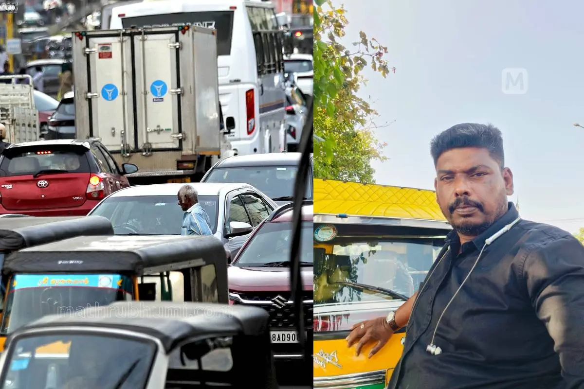 Traffic gridlock at Eranjipalam on Sunday; Nasar Perumanna, who wrote the viral post | Photo: Mathrubhumi