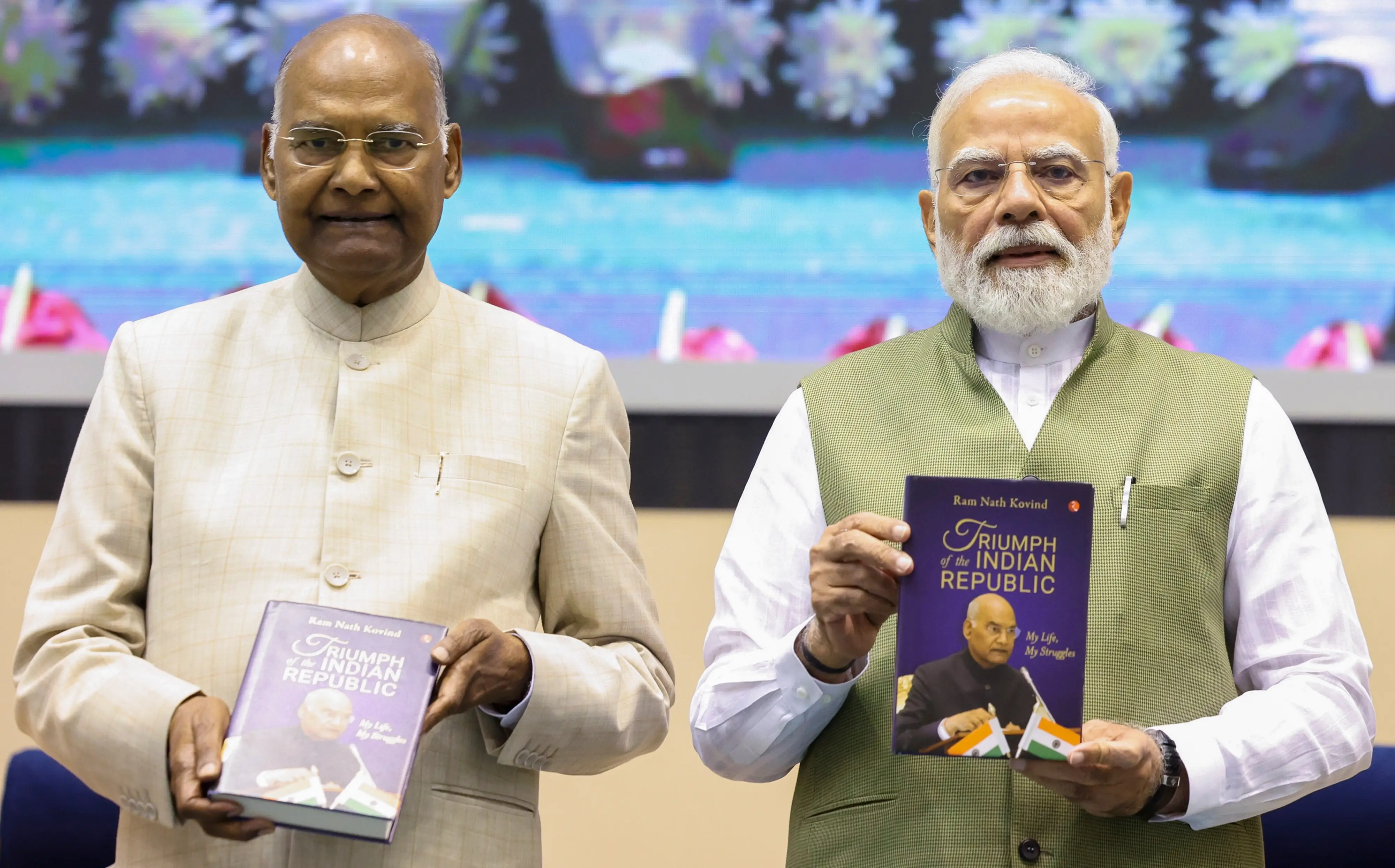Prime Minister Narendra Modi with former President Ram Nath Kovind during the launch of the latter's autobiography, 'Triumph of the Indian Republic: My Life, My Struggles' | PTI