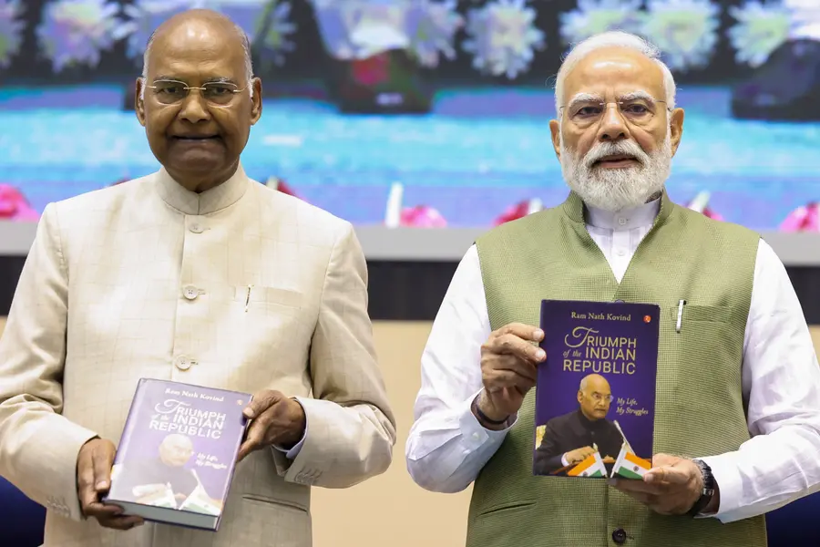 Prime Minister Narendra Modi with former President Ram Nath Kovind during the launch of the latter's autobiography, 'Triumph of the Indian Republic: My Life, My Struggles'