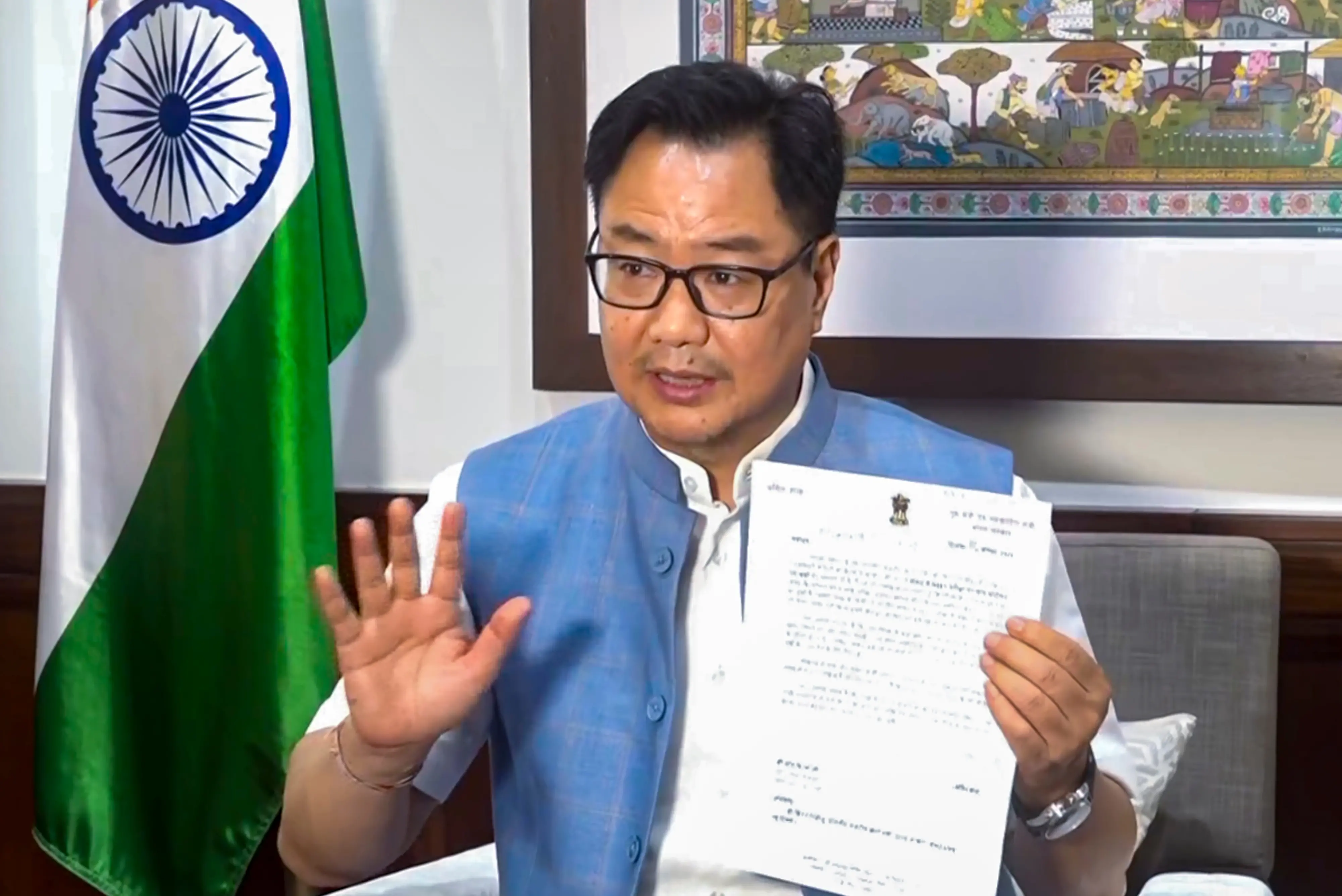 Union Minister for Parliamentary Affairs Kiren Rijiju addresses a press conference, in New Delhi.| Photo: PTI