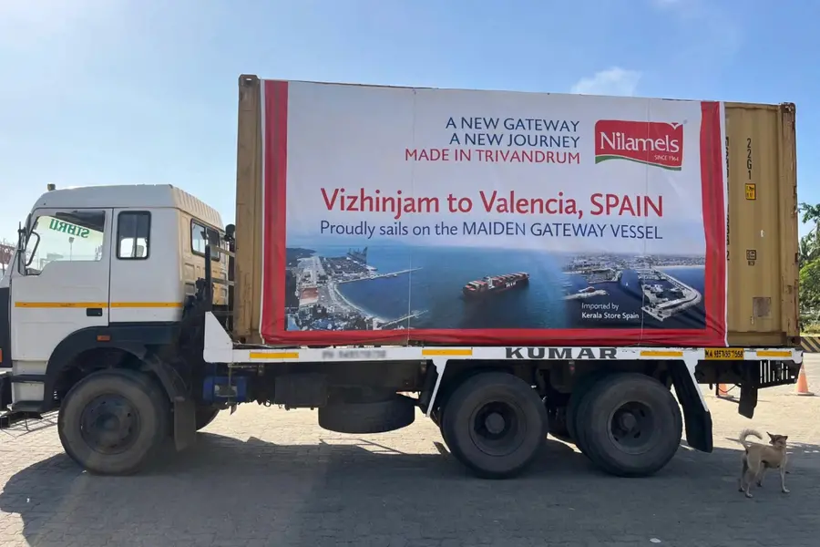 First export container arriving at Vizhinjam International Seaport gate for trial run inspection