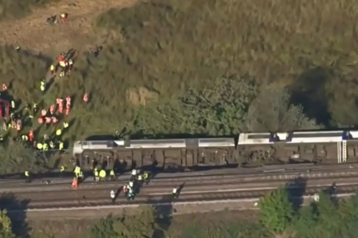 Carriages of a Southern Rail passenger train overturned after the service derailed near Lewes in southern England