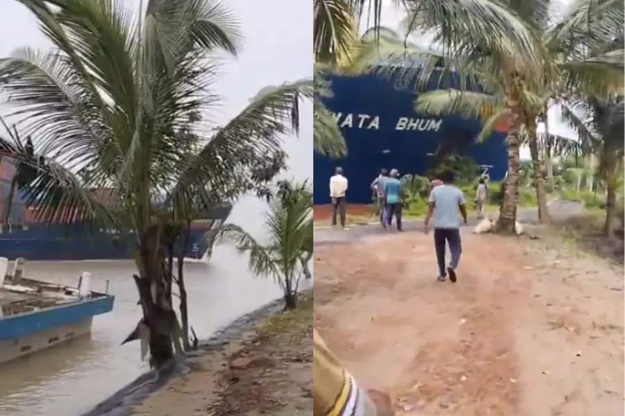 Singapore-flagged cargo ship MV Nawata Bhum after it lost control and crashed into the Noorpur ferry terminal on the Hooghly River