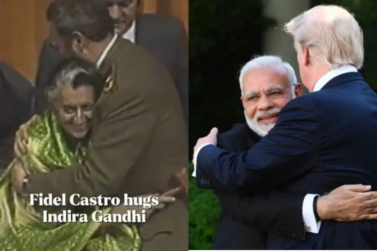 On the right, Prime Minister Narendra Modi hugs US President Donald Trump; on the left, former Prime Minister Indira Gandhi is pictured with Cuban revolutionary Fidel Castro.