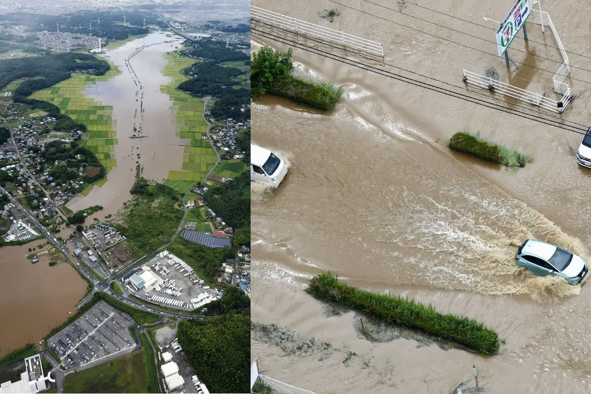 Floodwaters inundate an area in Sakura, Chiba prefecture-Cars make their way through flooded road after heavy rain in Oamishirasato | Photos: PTI